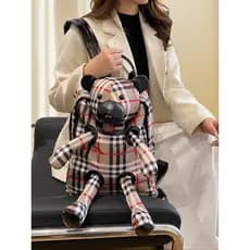 Bonito xadrez urso boneca mochila feminina 2025 novo estilo grande capacidade saco de mamãe moda viagem estudante saco e