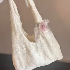 Bolsa de lona literária fresca flor de renda feminina 2025 novo estilo grande capacidade sacola de um ombro Commuter axi