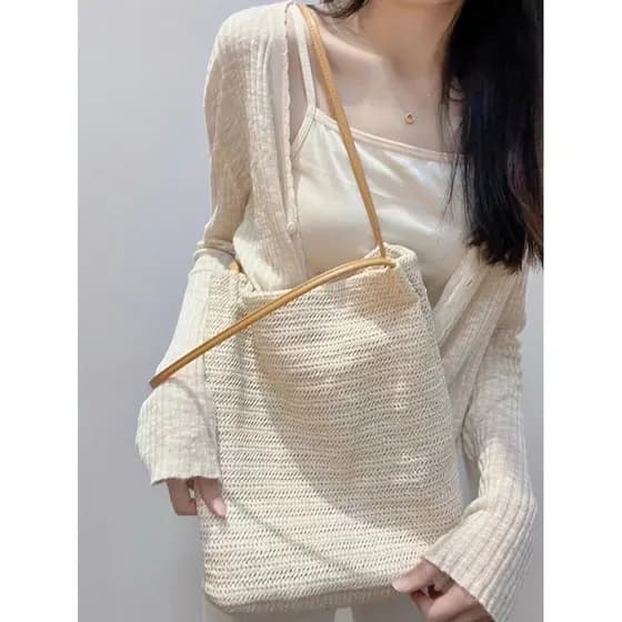 2026 Japonês Coreano Mori Series All-Match Casual Bolsa de Palha de Um Ombro Cor Contraste Grande Capacidade Primavera V
