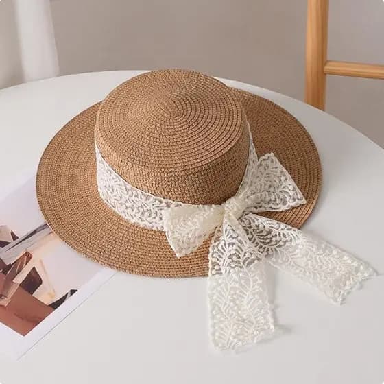 Verão novo estilo francês Hepburn estilo pérola arco chapéu de palha plana topo grande borda versão coreana moda All-Mat