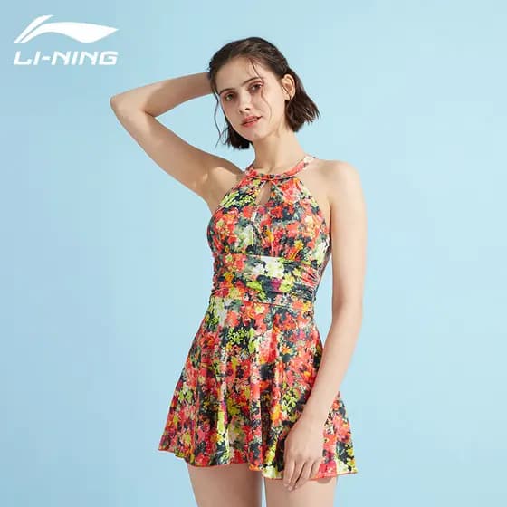 Li Ning maiô feminino saia dividida sem costas Halter pescoço capa barriga mais magro olhar natação primavera quente ver