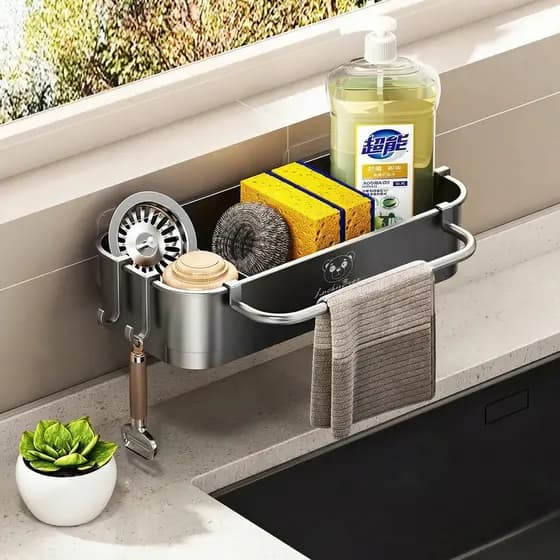 Rack de pano para cozinha, sem perfuração, dreno de esponja, pia lateral, rack de drenagem, toalha pendurável, cesta de