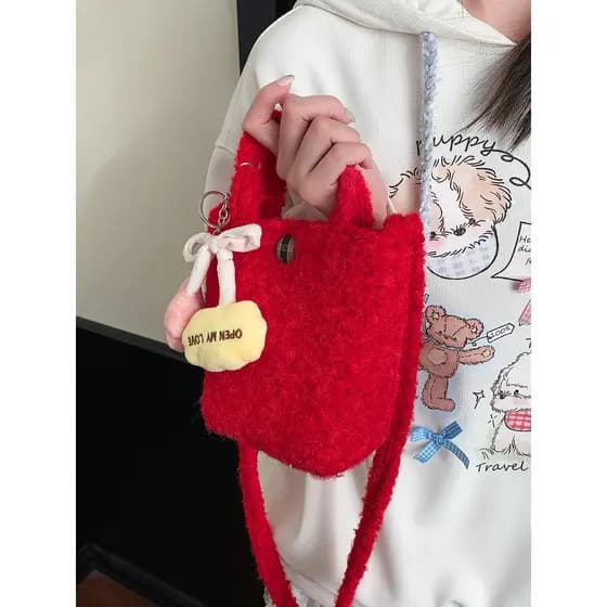 G grande aparência estilo japonês coreano saco de balde de pelúcia feminino vermelho de um ombro saco do mensageiro All-
