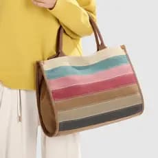 Bolsa de lona listrada feminina, grande capacidade, cor contrastante, sacola, portátil, ombro, mensageiro, Commuter