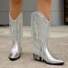 2026 inverno novo estilo feminino borla Mid-Tube botas dedo do pé apontado salto grosso estilo europeu americano botas f