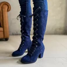 2026 inverno novo estilo botas femininas tamanho grande camurça dedo do pé redondo francês salto grosso longo tubo senho