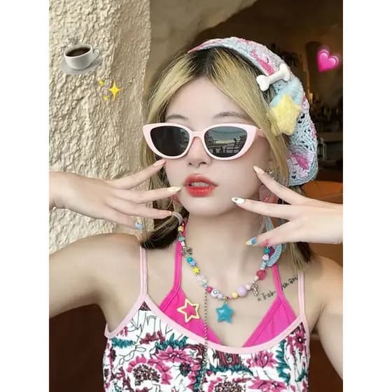 Verão dopamina rosa olho de gato óculos de sol feminino doce legal estilo menina quente óculos de sol mostrar rosto pequ