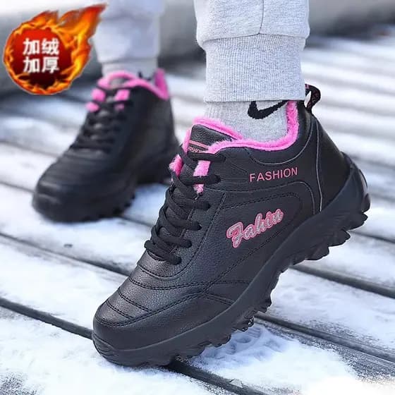 Beaimeng sapatos femininos inverno velo-velo sapatos de algodão quente superfície de couro impermeável antiderrapante co