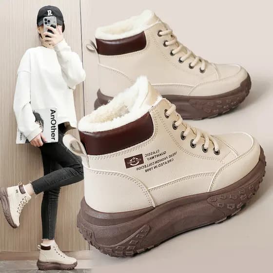 Sapatos de cano alto femininos 2025 novo estilo forro de lã de inverno sapatos de algodão quente sola grossa aumentando