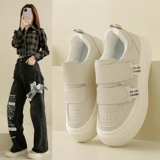 Velcro tênis de sola grossa feminino creme pão sapatos femininos 2026 primavera verão novo Casual All-Match tênis Anti-d