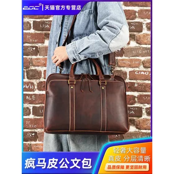 Couro genuíno genuíno Business Commuter masculino de um ombro 44 cm Apple Laptop Bag Huawei 14 Cross-Body Retro Crazy Ho