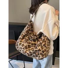 Grande saco de pelúcia grande capacidade Casual bolsa feminina 2024 outono inverno novo estilo bolsa ombro Retro leopard