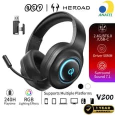 QCY Headset Gamer HEROAD V200 Tri-Mode RGB , Drivers 50mm , 240H Bateria , 7.1 Surround , 2.4G + BT6.0 Para Video Jogo