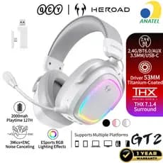 QCY Headset Gamer Sem Fio HEROAD GT2 RGB Bluetooth 6.0 2.4GHz THX 7.1 ENC Mic 127H Bateria PC PS5 Switch