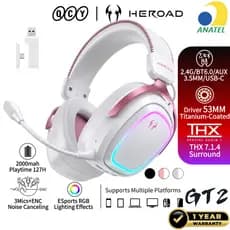 QCY Headset Gamer HEROAD GT2 THX 7.1 RGB Sem Fio Bluetooth 6.0 2.4GHz ENC Mic 127H PC PS5 Switch