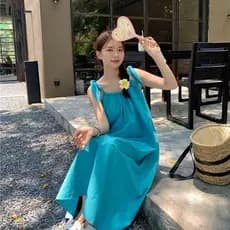 2025 novo estilo de férias rendas estilingue vestido feminino verão solto mais magro olhar A linha saia azul comprimento