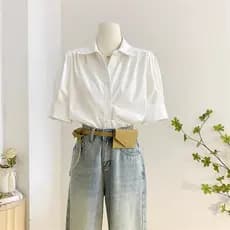 Branco francês chique lapela manga Puff camisa feminina 2025 verão Design sentir simples temperamento Commuter manga cur