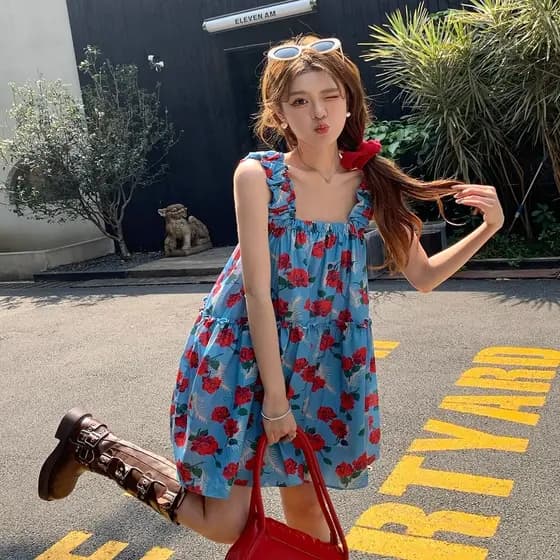 Vestido saia curta verão estilingue impresso estilo férias vestido feminino temperamento vestido feminino saia vestido d
