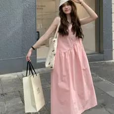 Verão novo estilo estilo estilo francês temperamento Design sem mangas redução de idade costura colete rosa saia longa v