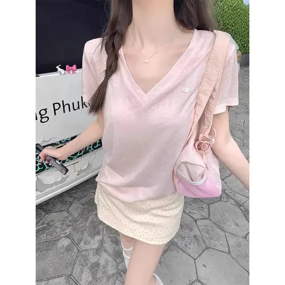 Confortável Semi-transparente camiseta frente ombro com decote em V manga curta camiseta feminina primavera novo estilo