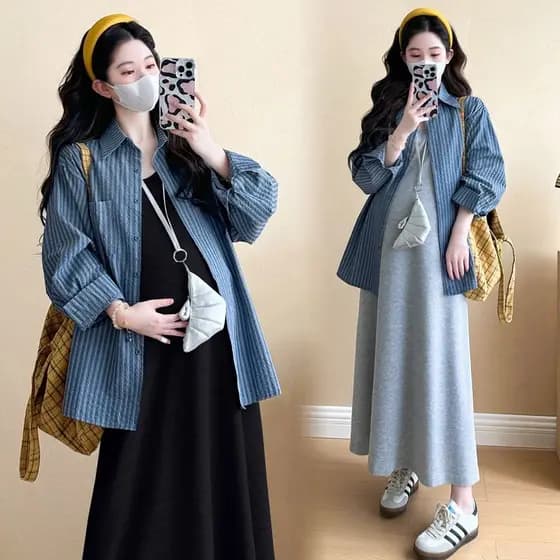 Roupa de maternidade vestido de primavera 2025 novo estilo terno Casual camisa listrada moda colete saia outono terno de