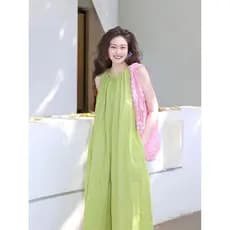Saia feminina férias à beira-mar High-End francês Retro chá Break sem mangas Halter abacate vestido verde verão