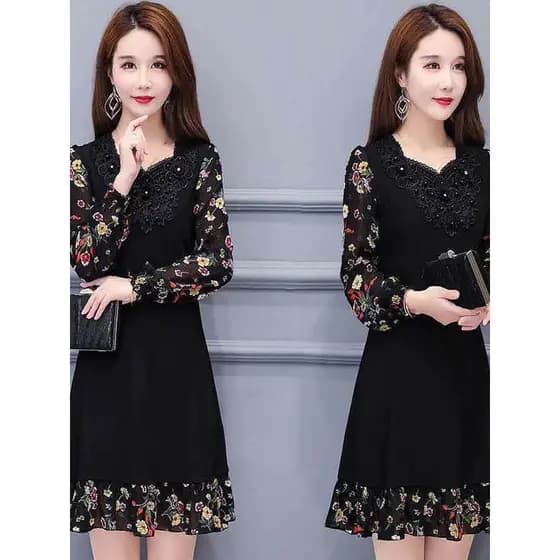 2025 novo estilo preto tamanho grande vestido de Chiffon de manga comprida costura elegante roupa externa Mo de meia-ida