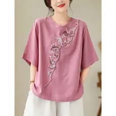 Retro bordado algodão linho camisa 2025 verão estilo étnico feminino estilo chinês tamanho grande solto respirável Diago