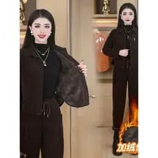 Tamanho grande mãe de meia-idade usar conjunto inteiro forro de lã jaqueta 2025 outono inverno novo estilo elegante esti