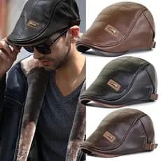 Boné Vintage de Couro Estilo Newsboy para Homens, Béret de Topo Plano