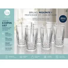 🥤 Jogo 6 Copos Vidro 280ml Copo Lily Transparente Suco Água Drink Mesa Posta Elegante