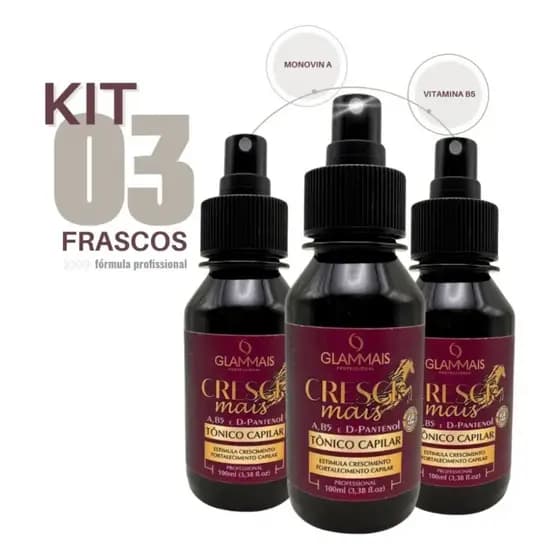 3 Tônico Capilar Cresce Mais Crescimento Acelerado 100ml Barba Cabelo e Bigode Antiqueda Fortalecimento Glammais