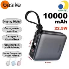 BASIKE Power Bank 10000mAh Mini PD 22.5W Carregamento Rápido Duplo com 2 Cabos Integrados