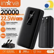 INOVA Power Bank Universal 10000/20000mAh Display LED Carga Rápida 22.5W Portátil Compatível iPhone Android