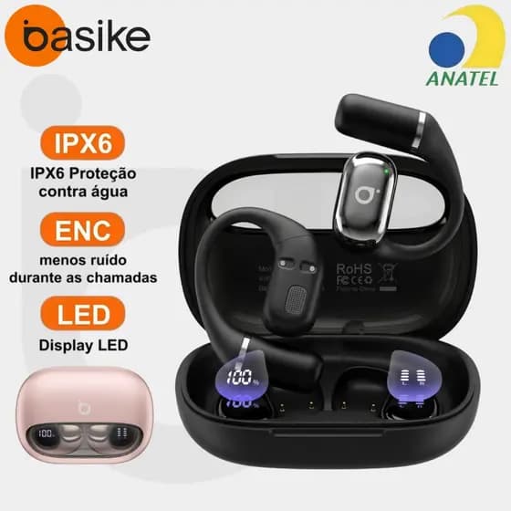 BASIKE Fone OWS Condução Aérea Bluetooth, Grave Forte ENC, Para Ciclismo, Compatível iPhone e Huawei