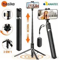 BASIKE Tripé Para Celular 160cm, Abre ao Tocar o Chão, Rotação 360° + Controle Remoto