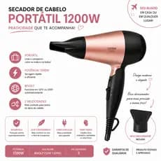 Secador de Cabelo Portátil Compacto Bivolt 1200W e Potente Rosa Secagem Rápida para Viagem de Fácil