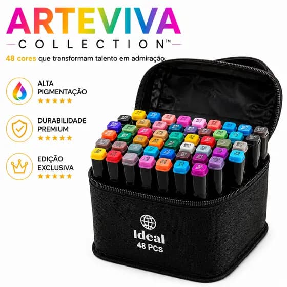 Canetas Hidrográficas 48 Cores ArteViva Collectio Alta Pigmentação Estojo Premium Desenho Lettering