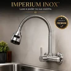 Torneira Gourmet de Parede Imperium Inox com Ducha Flexível 360° para Cozinha em Aço Inox