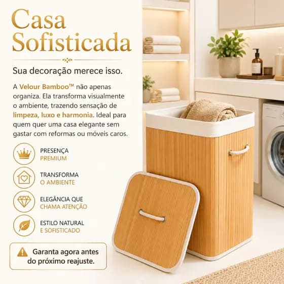 Cesto Organizador de Bambú Banheiro Quarto Lavanderia Velour Bamboo  70L Decorativo