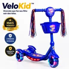 Patinete Infantil 3 Rodas Dobrável Com Luz LED Som Musical Cestinha Azul Menino Menina