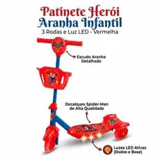 Patinete Infantil 3 Rodas Led Vermelho Brinquedo Seguro Estiloso Meninos 35 kg Antiderrapante  Cesta