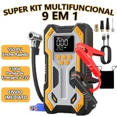 Auxiliar De Partida Automotivo 12v E Compressor De Ar Portátil Pneu Moto Carro Kit 9 Em 1