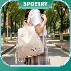 Mochila Feminina Grande Capacidade Nylon Forrada Impermeável Viagem Estudante Bordado