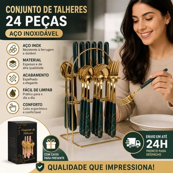 Jogo de Talheres Luxo 24 Peças Aço Inoxidável Dourado, Cabo Efeito Mármore com Suporte, Ideal para Presente