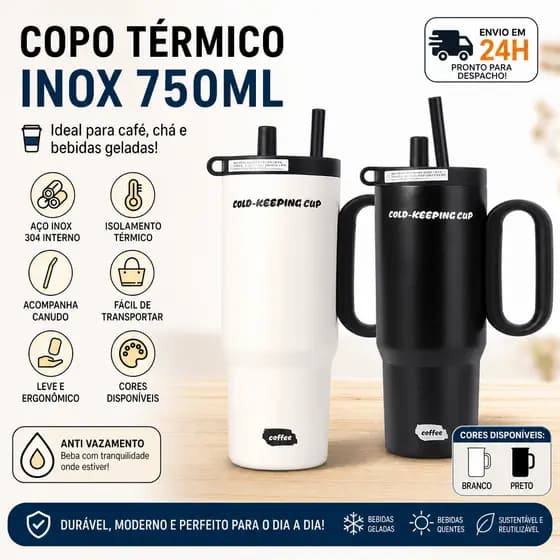 Caneca Térmica 750ml Revestimento Cerâmico Inox Com Alça Anti-Derramamento
