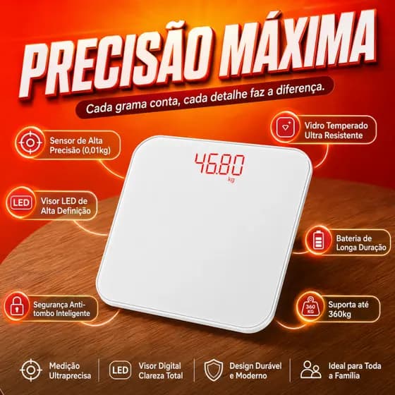Balança Digital Corporal Doméstica Alta Precisão 0,01kg Até 180kg Vidro Temperado Visor LED Anti-Tombo Banheiro