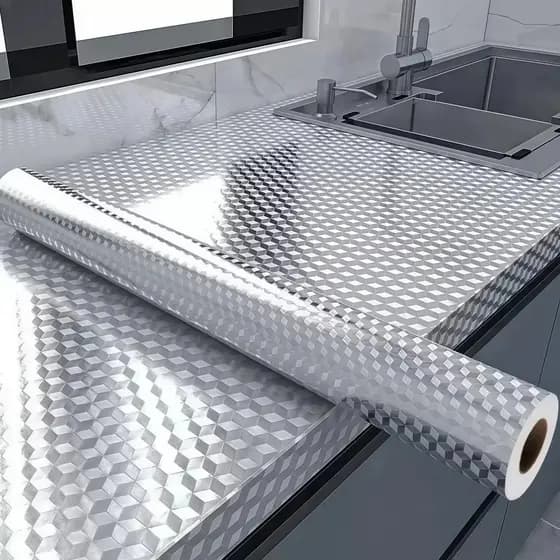 Papel Adesivo Folha de Alumínio 5m para Cozinha, Revestimento Autoadesivo Resistente à Água e Óleo, Lavável Anti-Gordura
