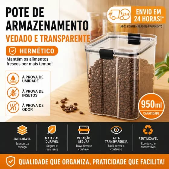 Pote Hermético 950ml Transparente Empilhável Organizador Cozinha, Armazena Grãos, Macarrão, Petiscos e Chá Anti Umidade