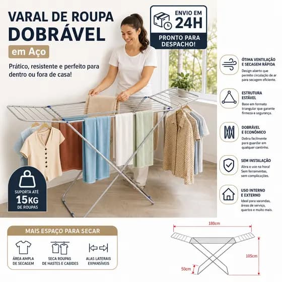 Estendal de Roupa de Chão 180cm x 105cm - Alumínio Reforçado com Braços Laterais Dobráveis, Resistente e Premium
